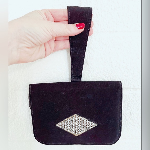 Vintage 1930's Black Fabric Bag with Rhinestone Detailing - Picture 1 of 5